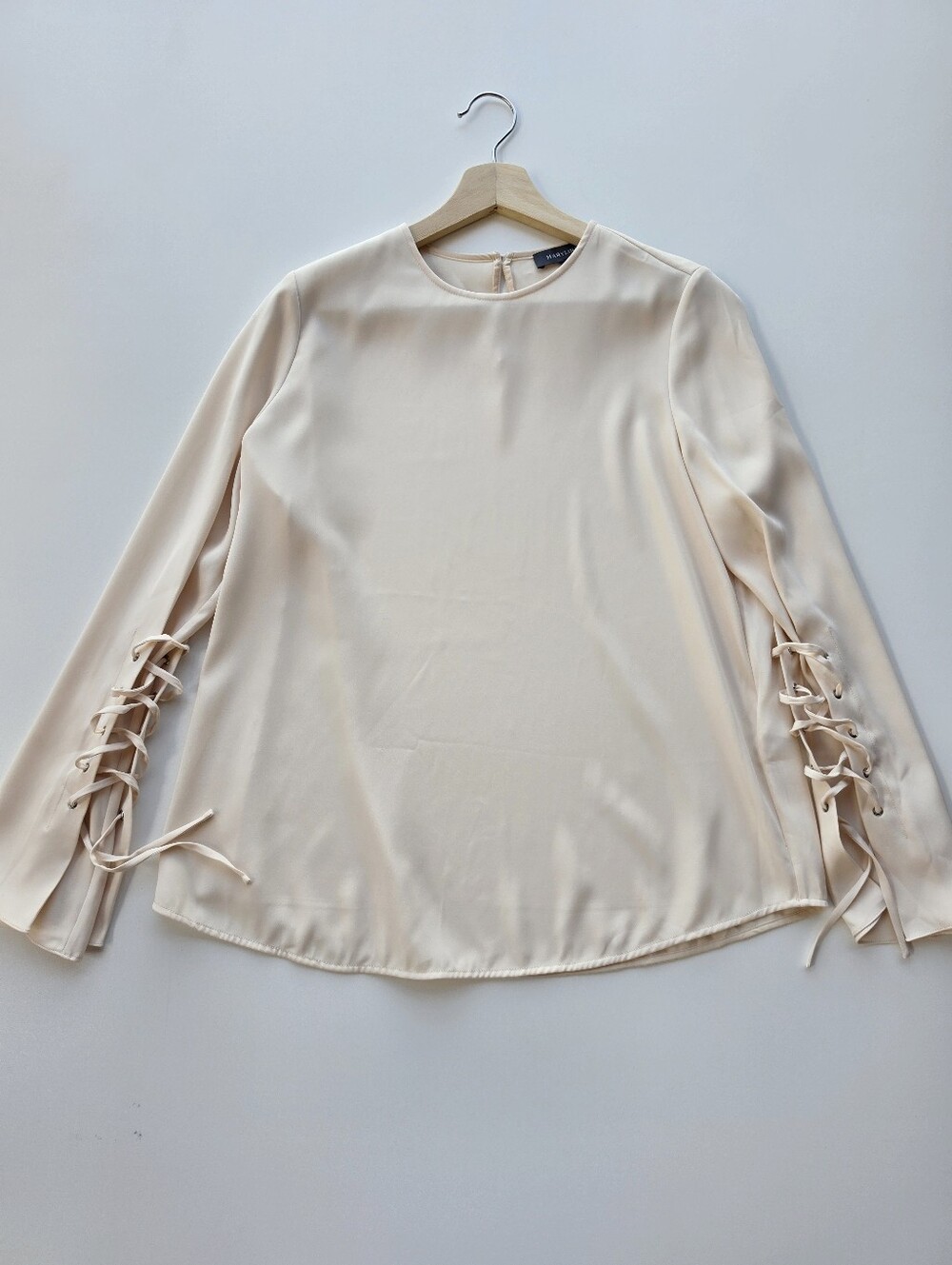 Maryling Cream Long Lace Up‎ Sleeve Satin Top
